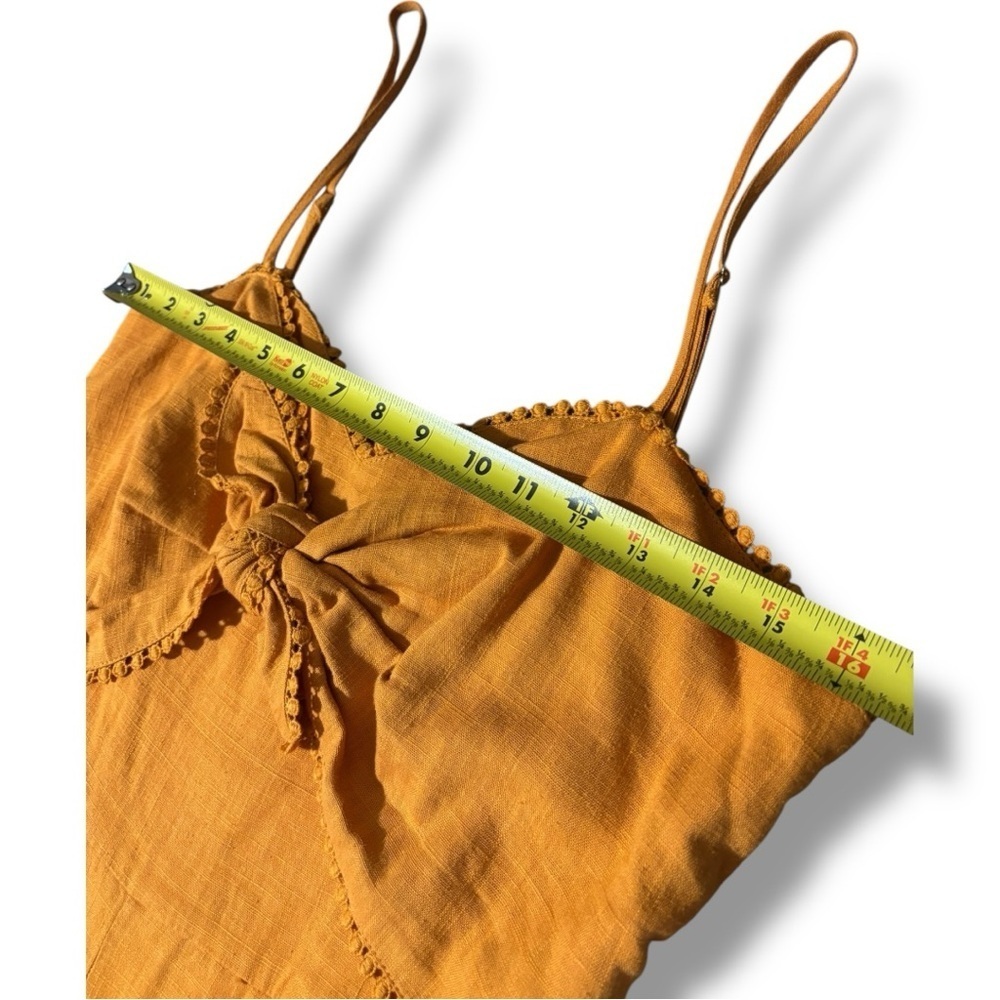 HYGVE Chic Sleeveless Crochet Trim Mustard Adjustable Straps Tie-Front Romper - Picture 10 of 16